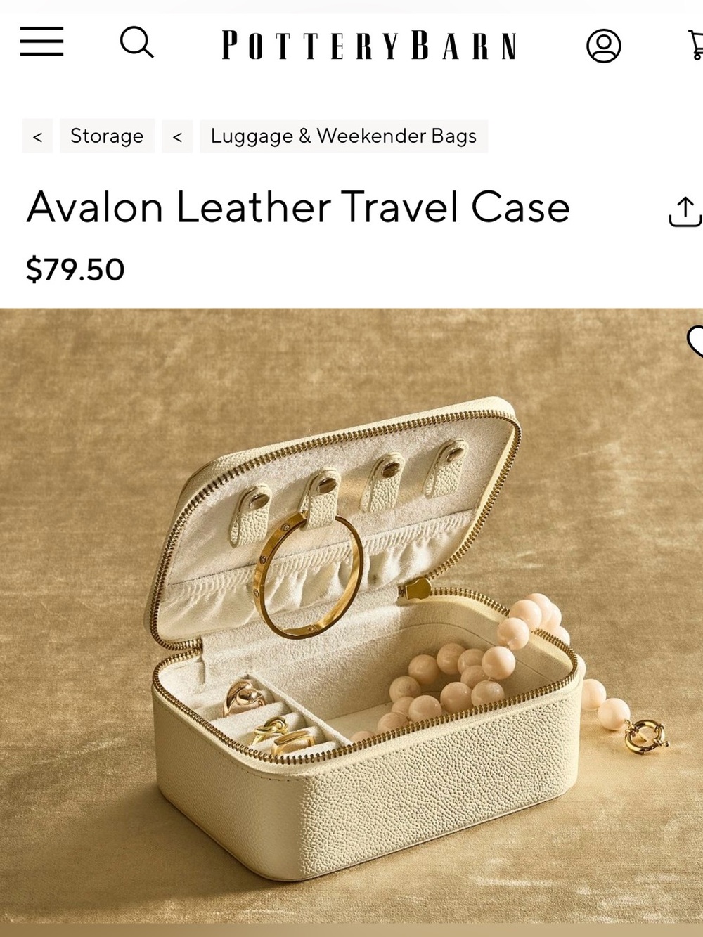NEW Pottery Barn Avalon Leather Jewelry Travel Case Box rectangle zippered GIFT